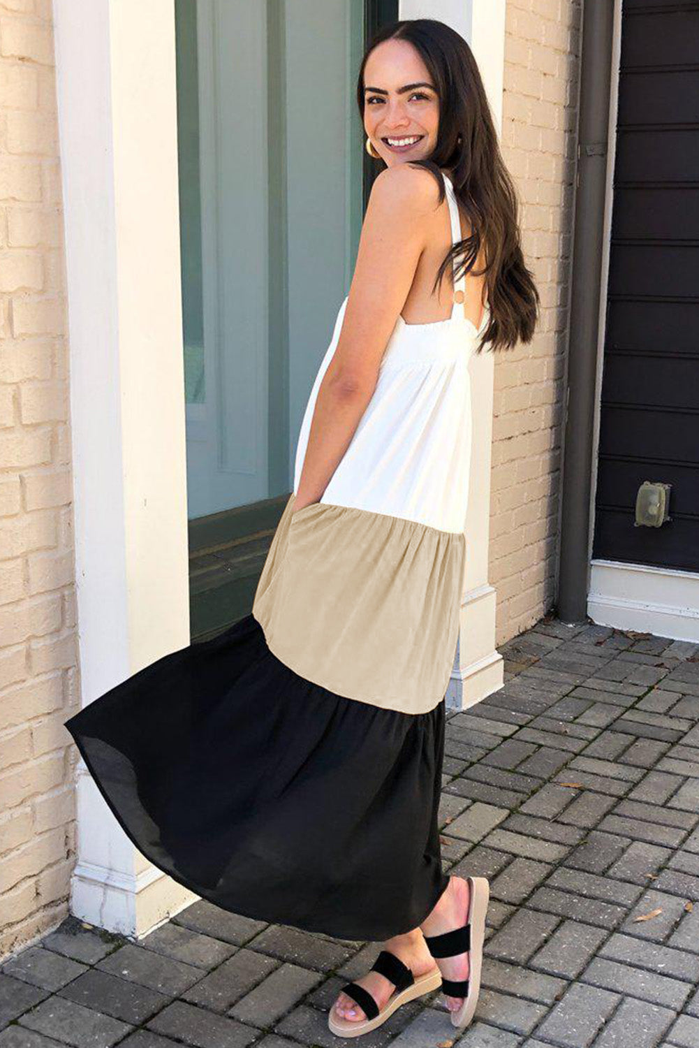 Brown Square Neck Colourblock Dress