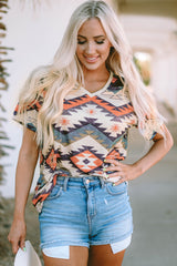 Beige Western Aztec Print Short Sleeve Top