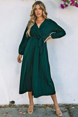 Green Pleated V Neck Wrap Waist Tie Dress