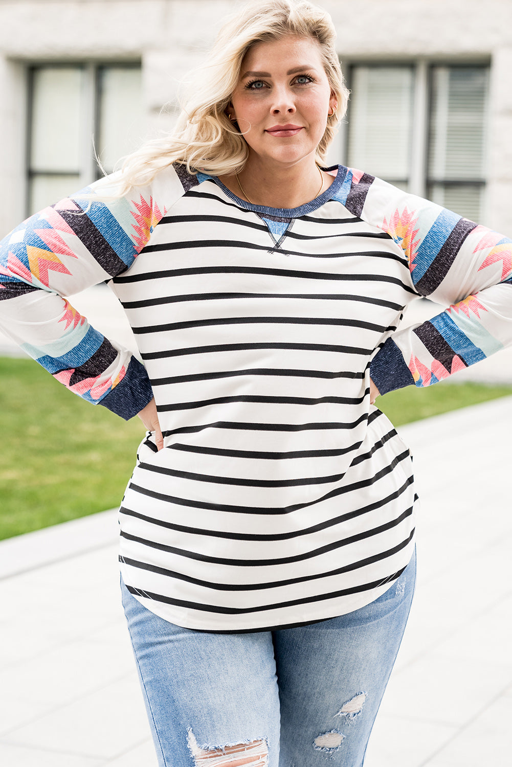 White Aztec Sleeve Striped Raglan Plus Size Top