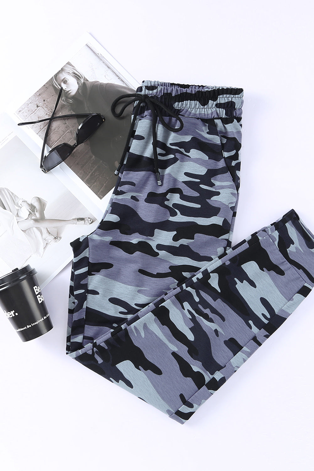 Black Camo Print Elastic Waist Drawstring Casual Joggers