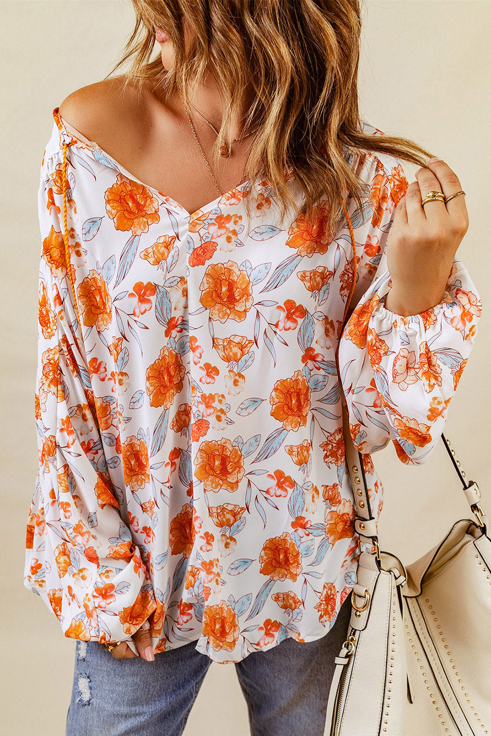 Orange Split V Neck Floral Print Dolman Blouse