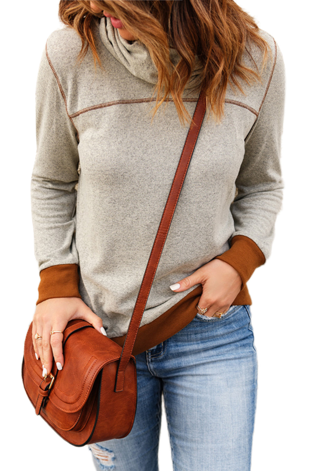 Gray Patchwork Cowl Neck Long Sleeve Top