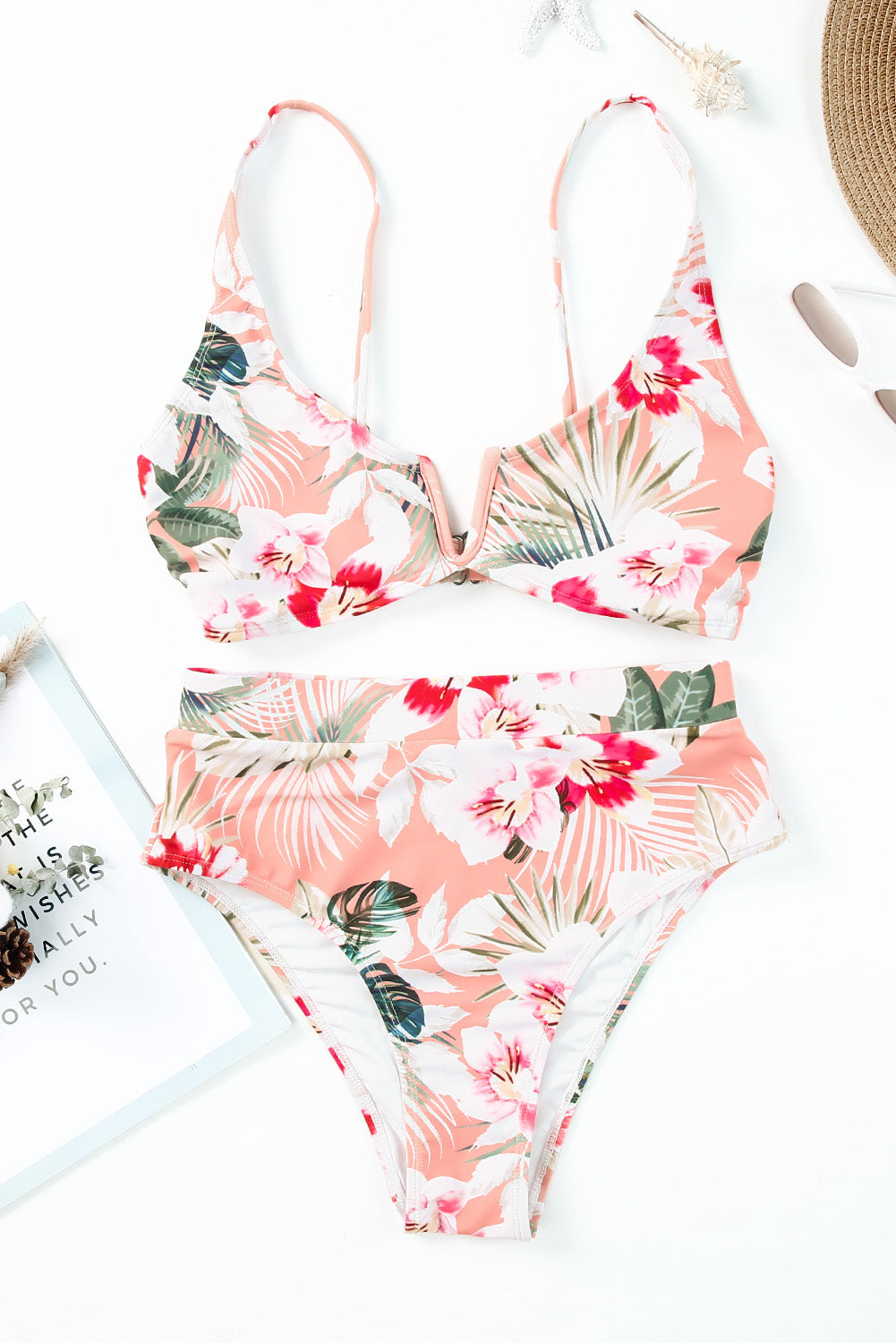 Orange Tropical Floral Print High Waist Bikini Swimsuit