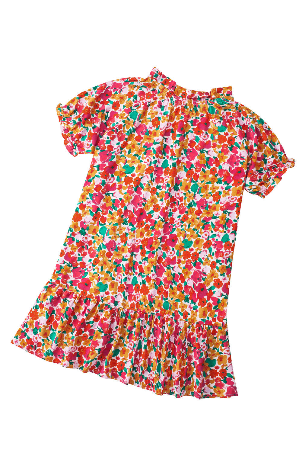 Multicolor Floral Print Frill Mock Neck Bubble Sleeve Dress