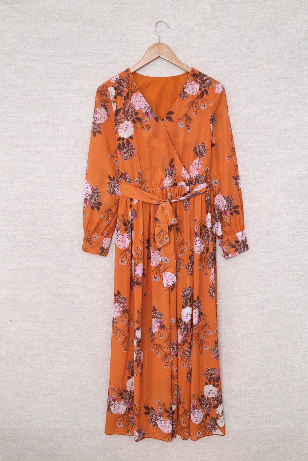 Orange Orange Floral Print Lace-up Ruffled V Neck Maxi Dress with A Slit