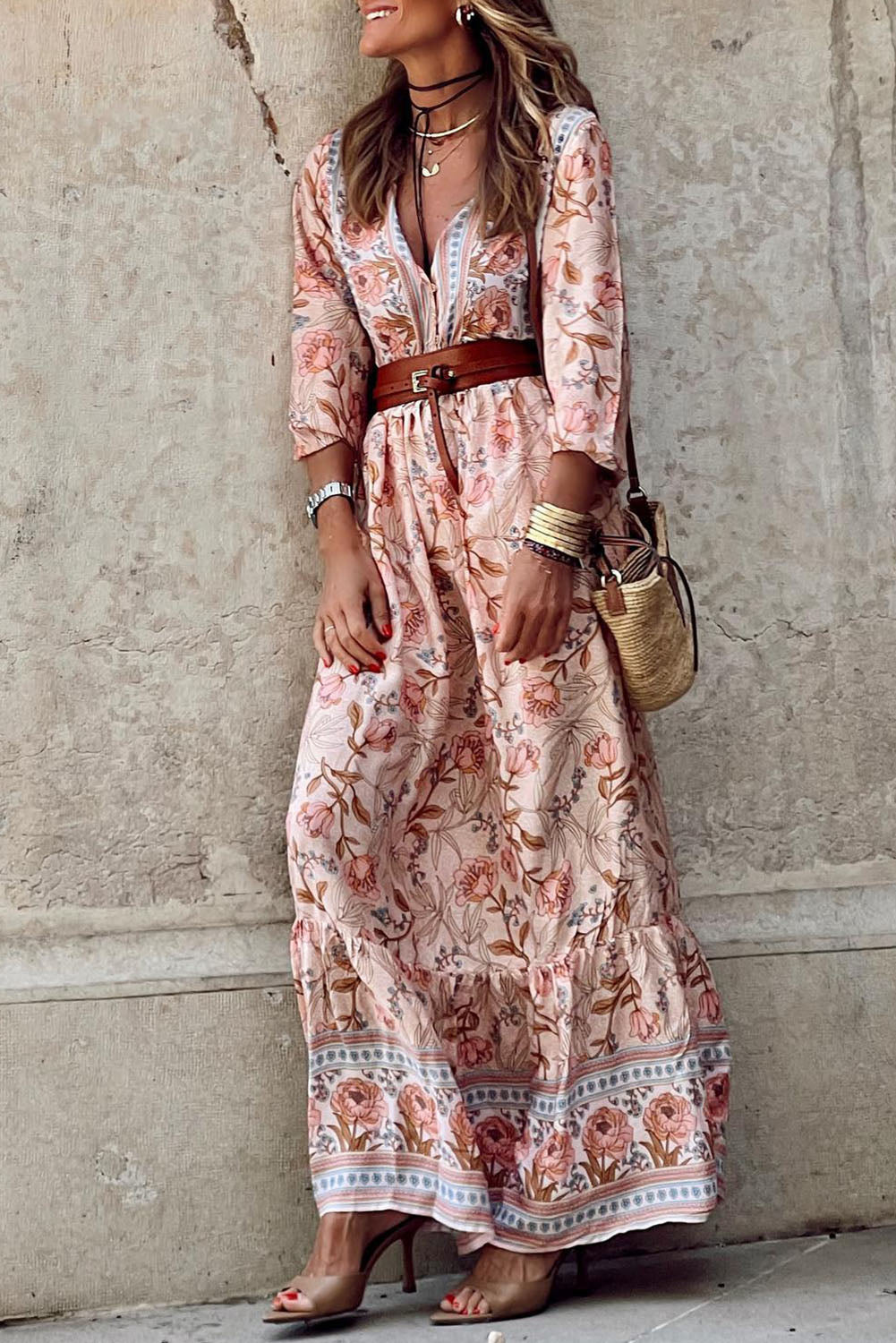 Pink Bohemian Floral Sexy V Neck Ruffle Maxi Dress