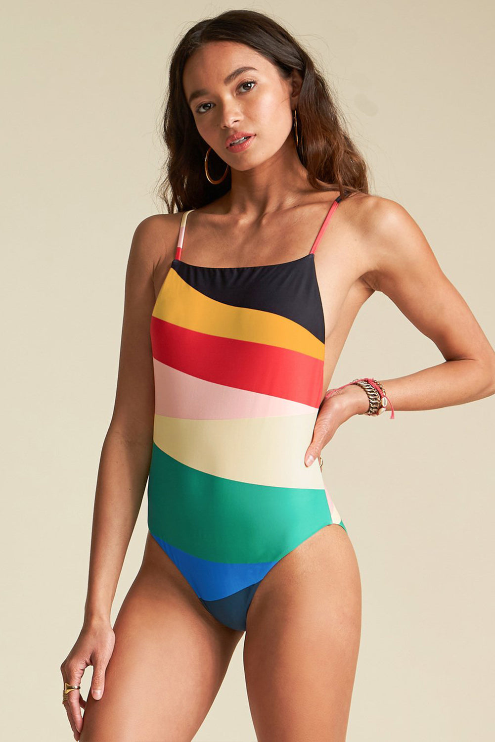 Multicolor Color Block Backless One-piece Swimsuit