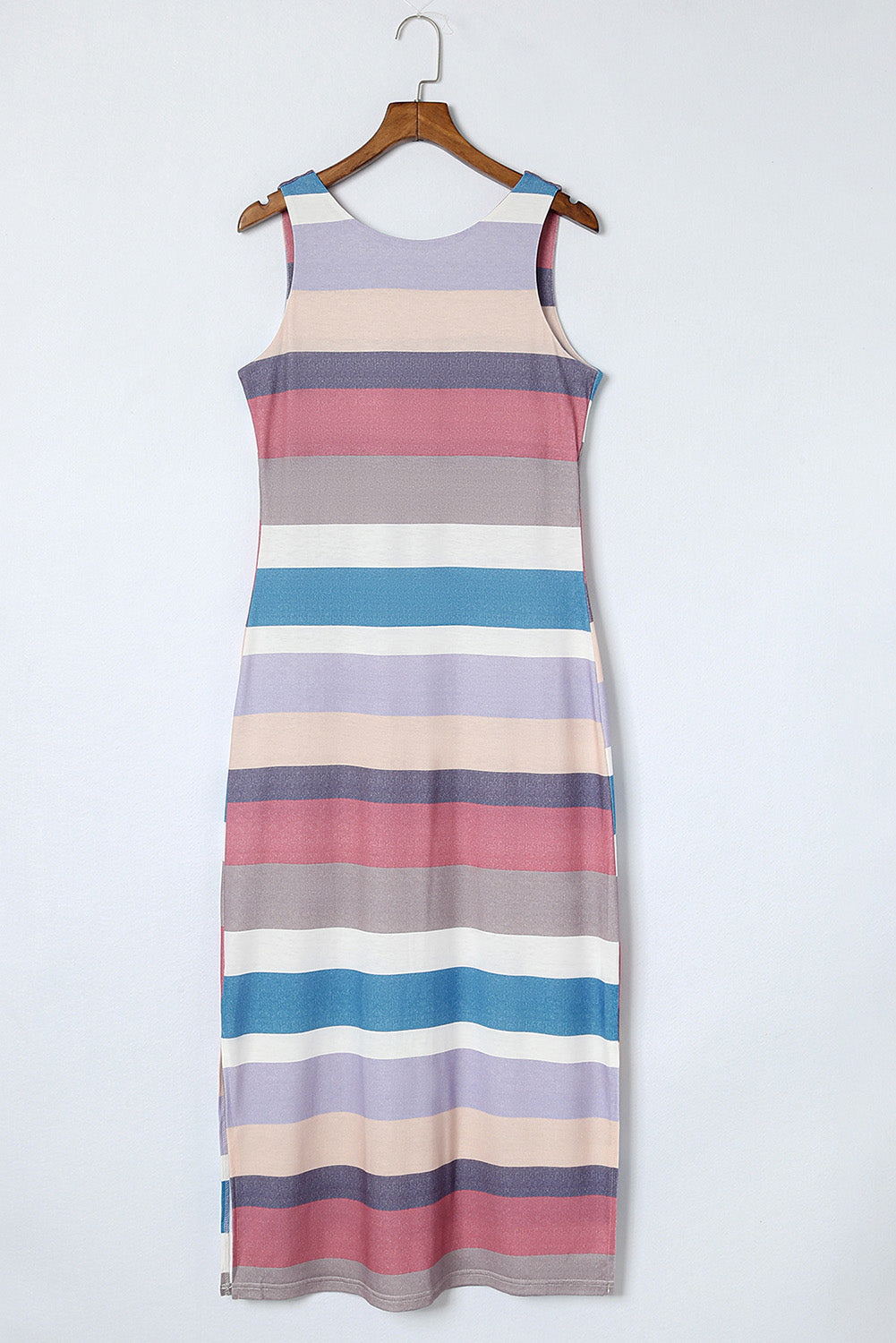 Multicolor Stripe Print Slit Maxi Tank Top Dress