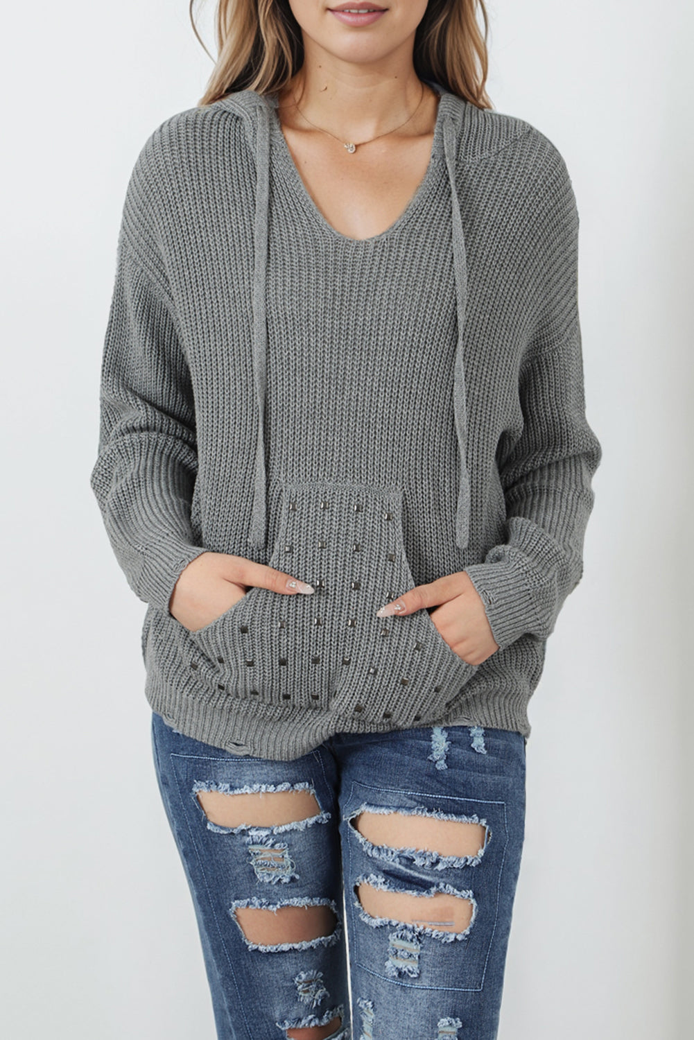 Gray Rivet Kangaroo Pocket Hooded Sweater