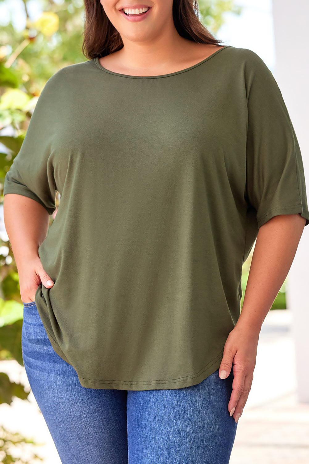 Green Plus Size Hollow-out Back Slouchy Tee