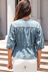 Sky Blue Half Sleeves Peplum Denim Jacket