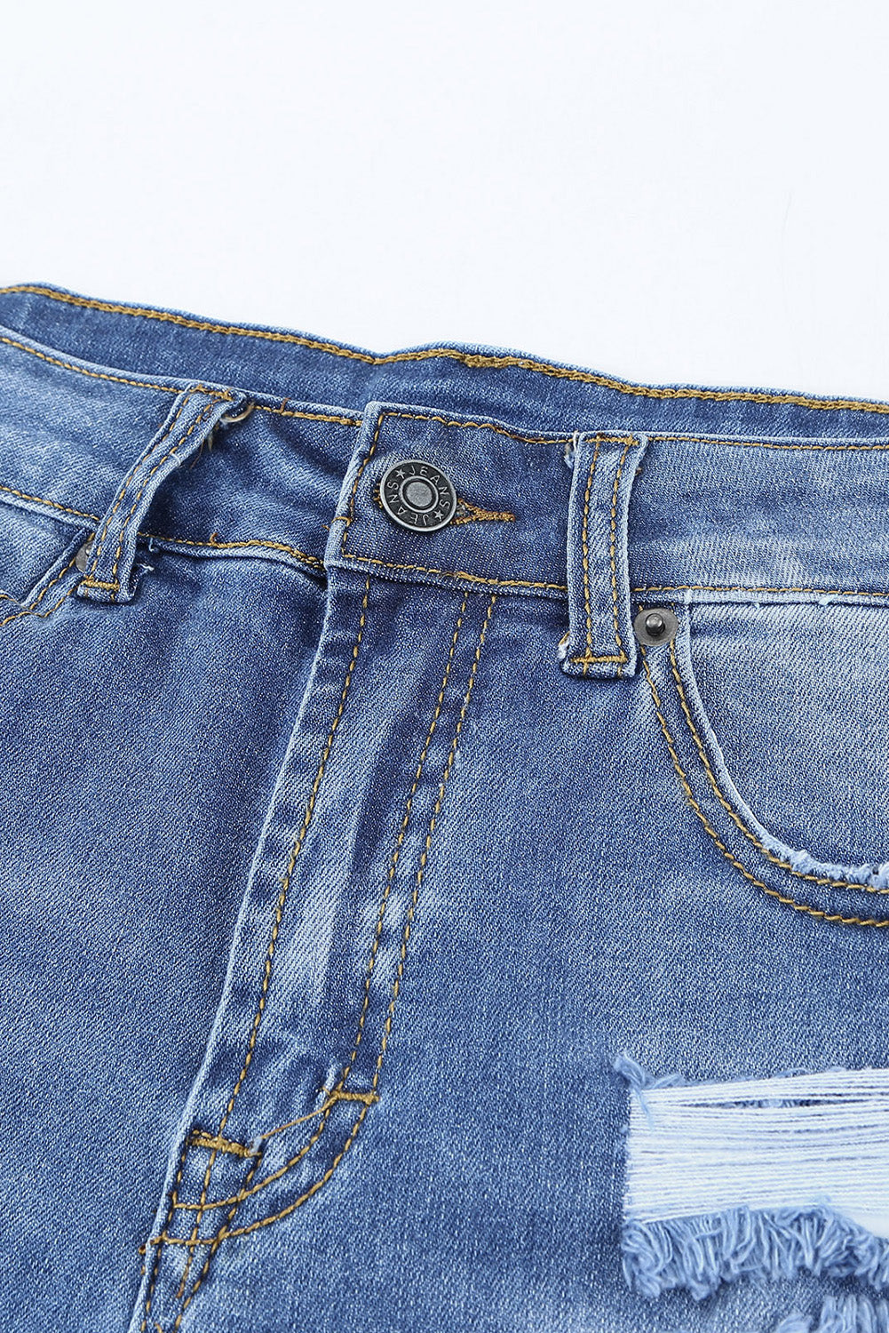 Blue Raw Hem Distressed High Rise Denim Shorts