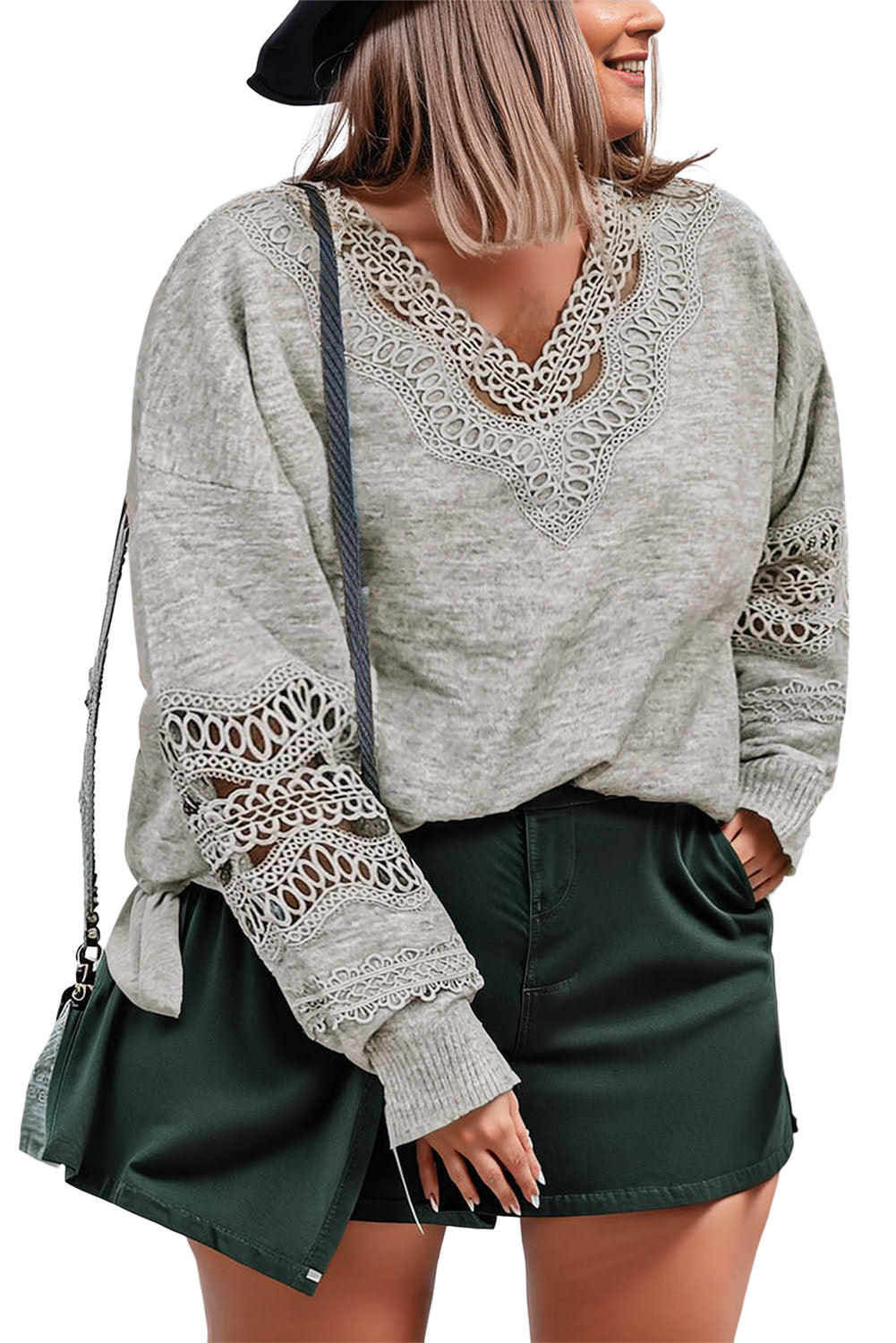 Black Hollowed Lace Splicing V Neck Loose Sweater