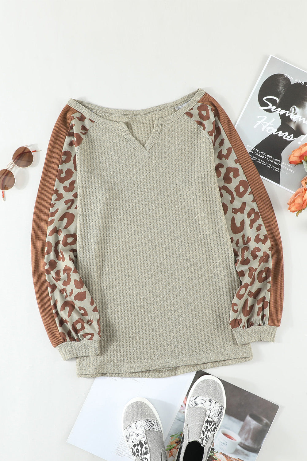 Mocha Leopard Print Waffle Knit Long Sleeve Top