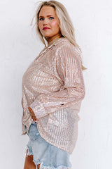 Apricot Sequin Long Sleeve Button-Up Plus Size Shirt