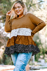 Brown Plus Size Knit Dotted Print Tiered Top with Ruffle