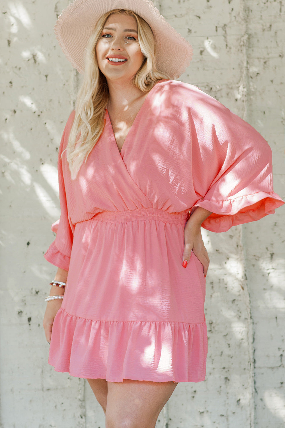 Pink Ruffled Knotted Open Back Wrap V Neck Plus Size Dress