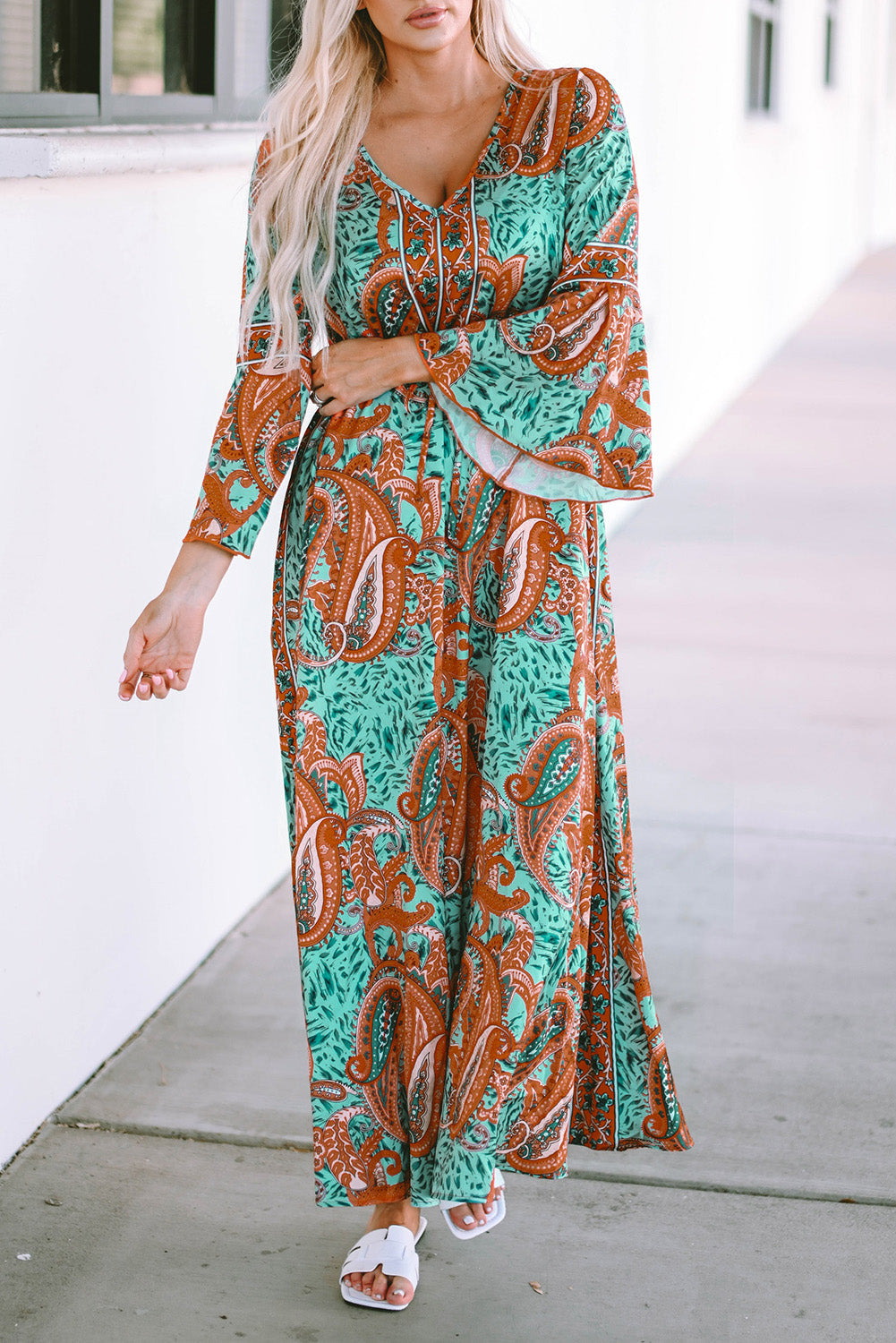 Green Boho Paisley Mix Print Long Sleeve V-Neck Tie Maxi Dress