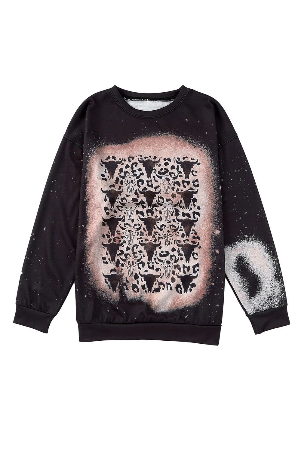 Black Bull Skull Leopard Bleached Pullover Sweatshirt