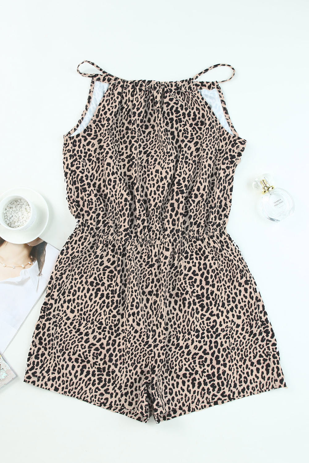 Leopard Cinch Waist Halterneck Pocketed Romper