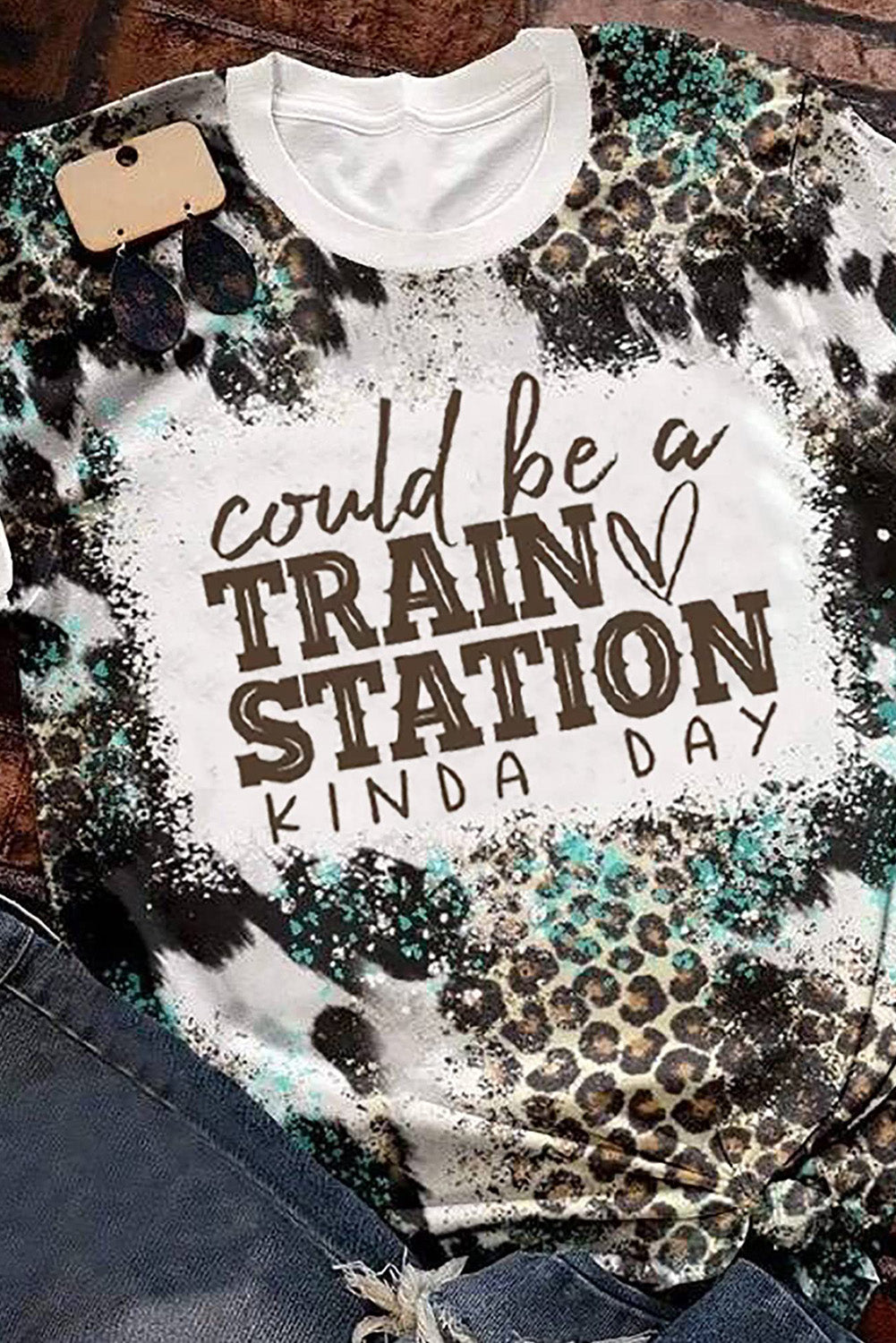 Brown TRAIN STATION Graphic Leopard Print T Shirt