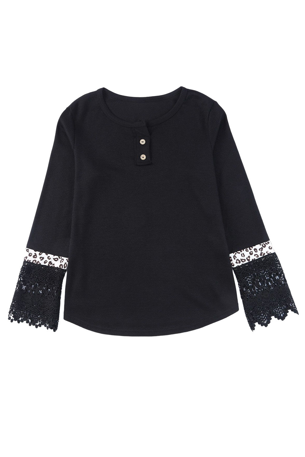 Black Lace Leopard Splicing Buttoned Knit Top