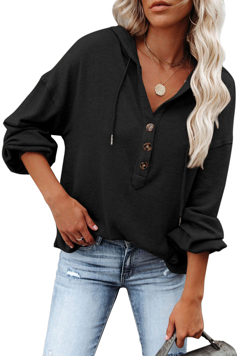 Buttoned High and Low Hem Hoodie