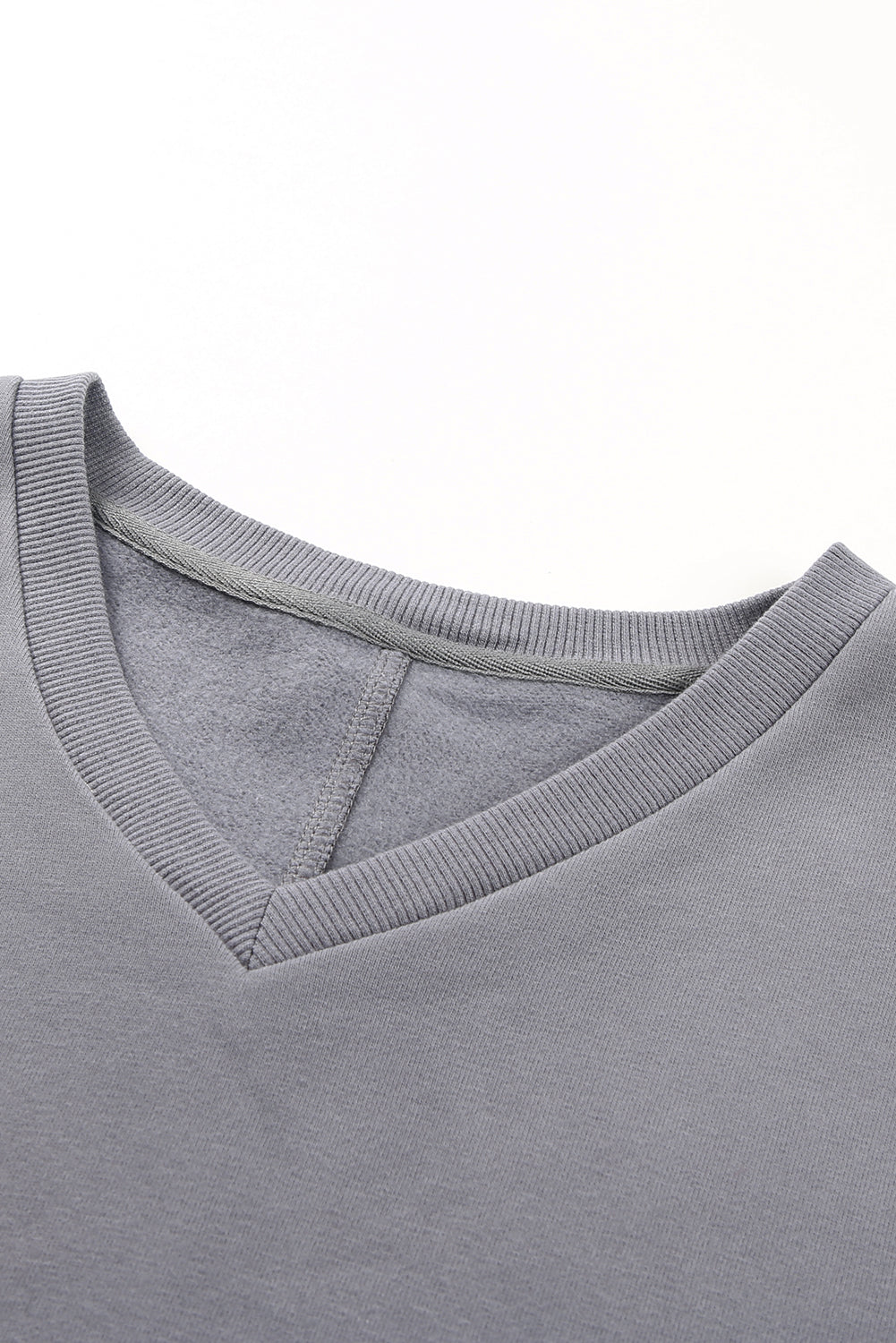 Gray Ribbed V Neck Drop Shoulder Sweatshirt