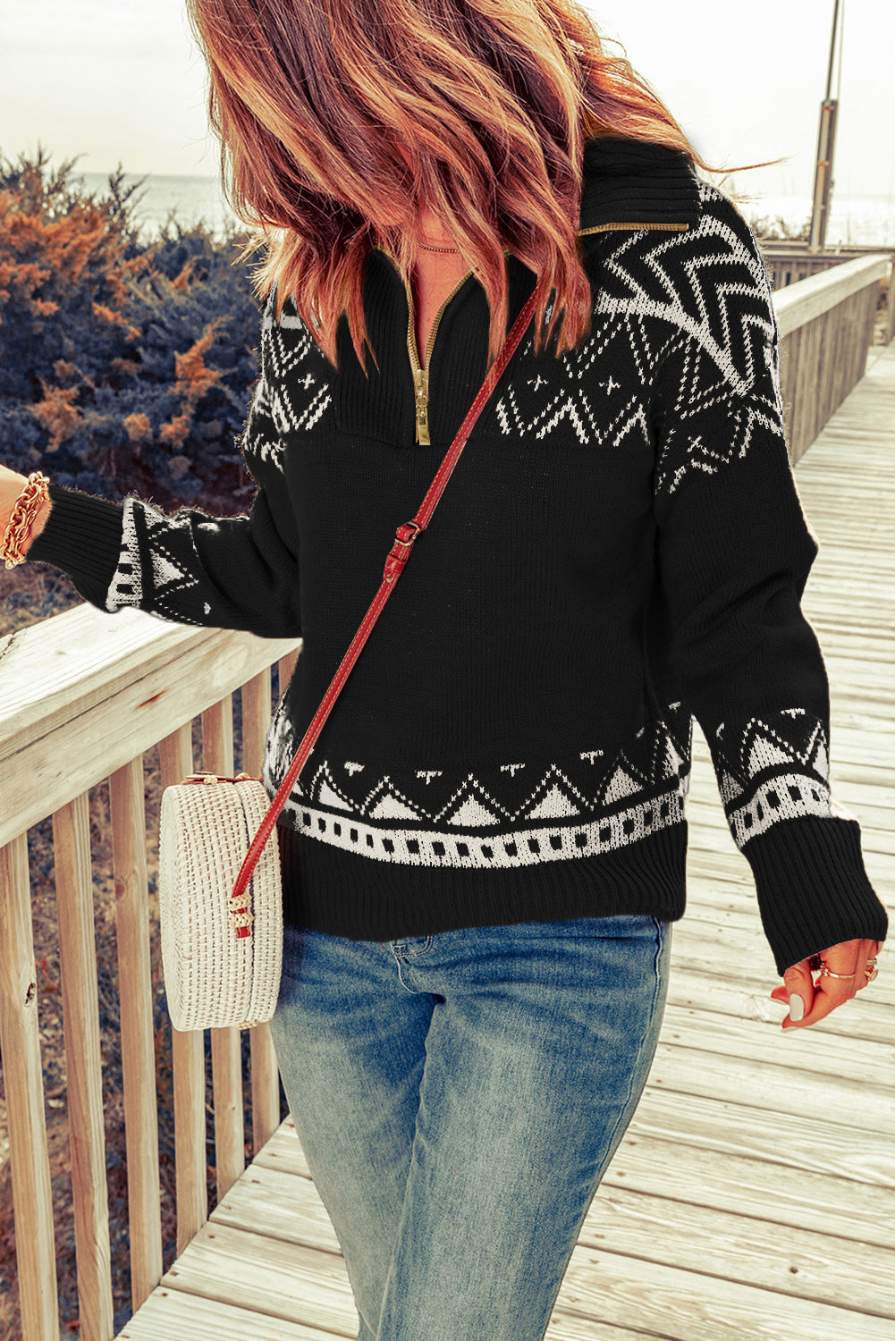Blue Geometry Knit Quarter Zip Sweater