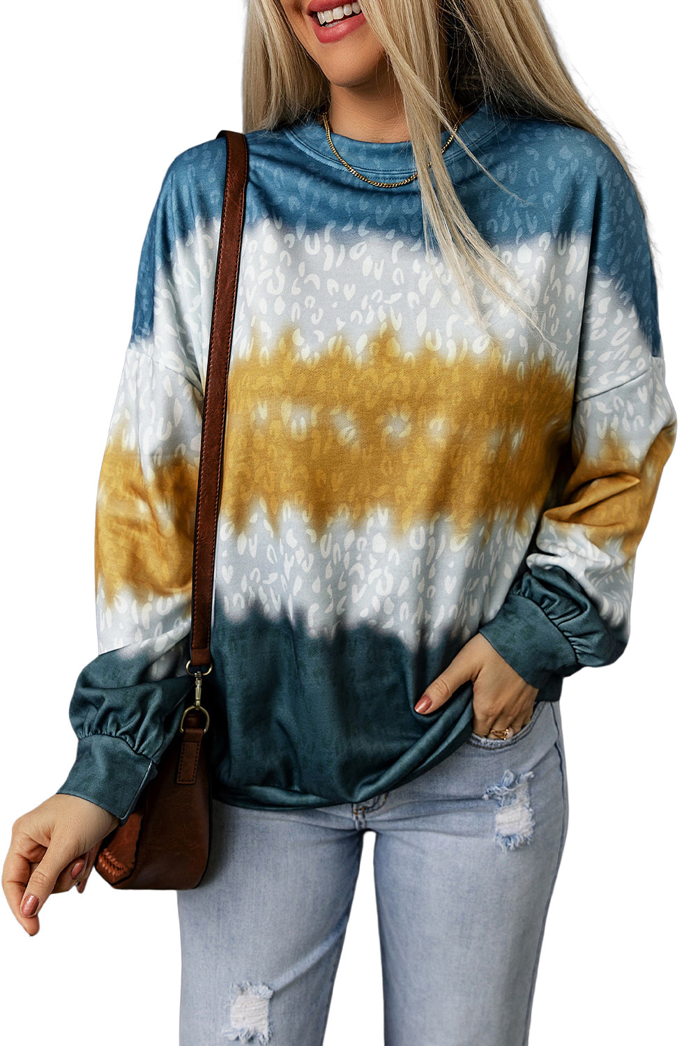 Multicolor Leopard Tie Dye Color Block Pullover Sweatshirt