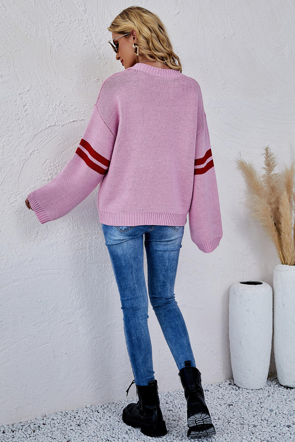 Pink Heart Graphic Wide Sleeves Sweater