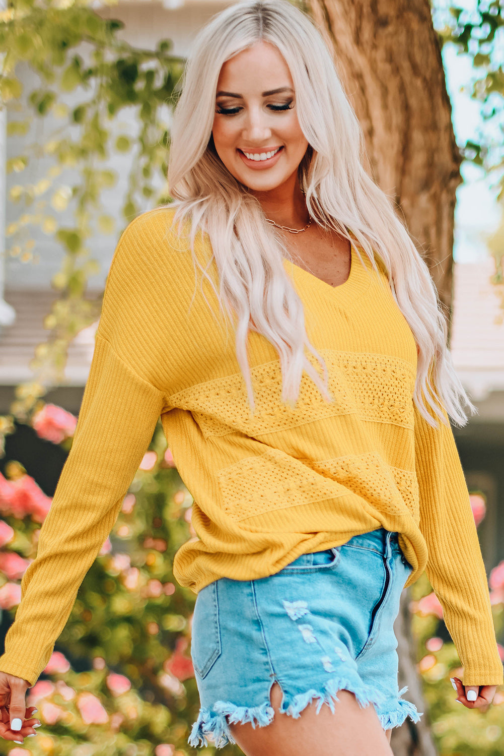 Yellow Lace Contrast Ribbed V Neck Top