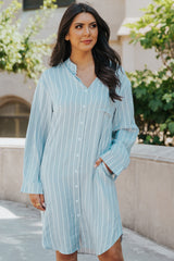 Sky Blue Striped Shirt Midi Dress with Sash