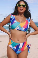 Grafitti Print Ruffled Knotted High Waist Bikini Set