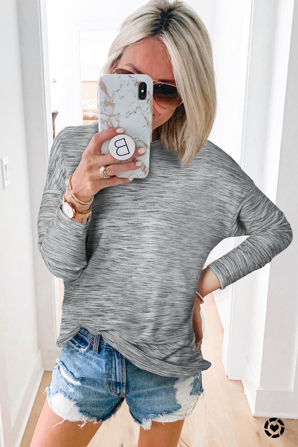 Stripe Heathered Drop Shoulder Long Sleeve Top