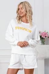 White PUMPKIN Flocking Graphic Pullover Sweatshirt and Shorts Set