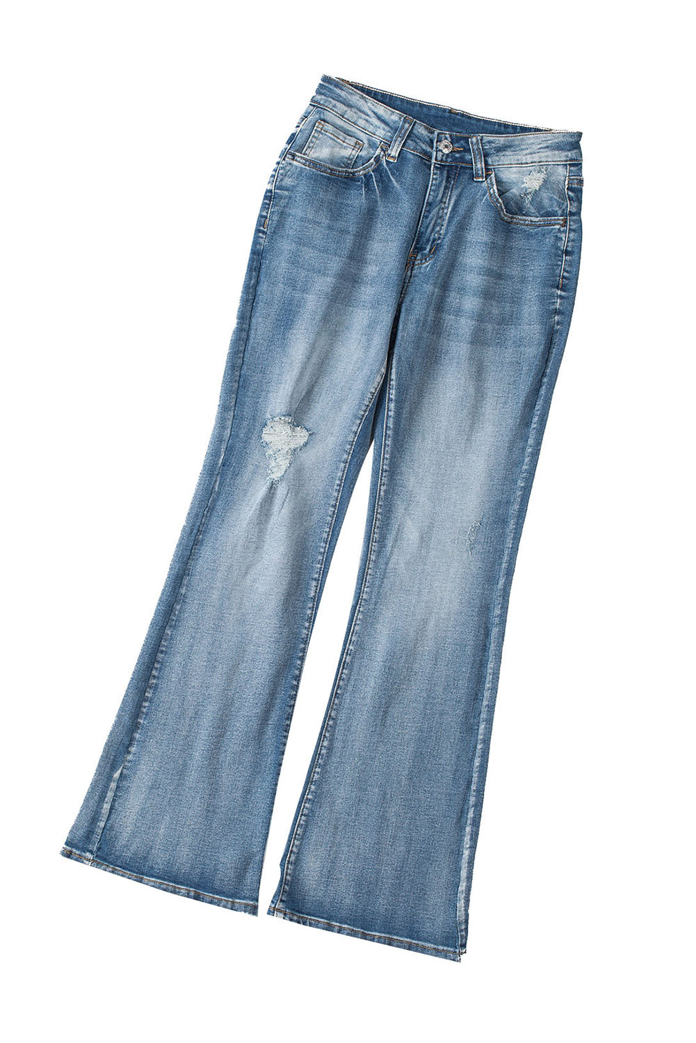 Sky Blue High Waist Ripped Raw Hemline Flare Jeans