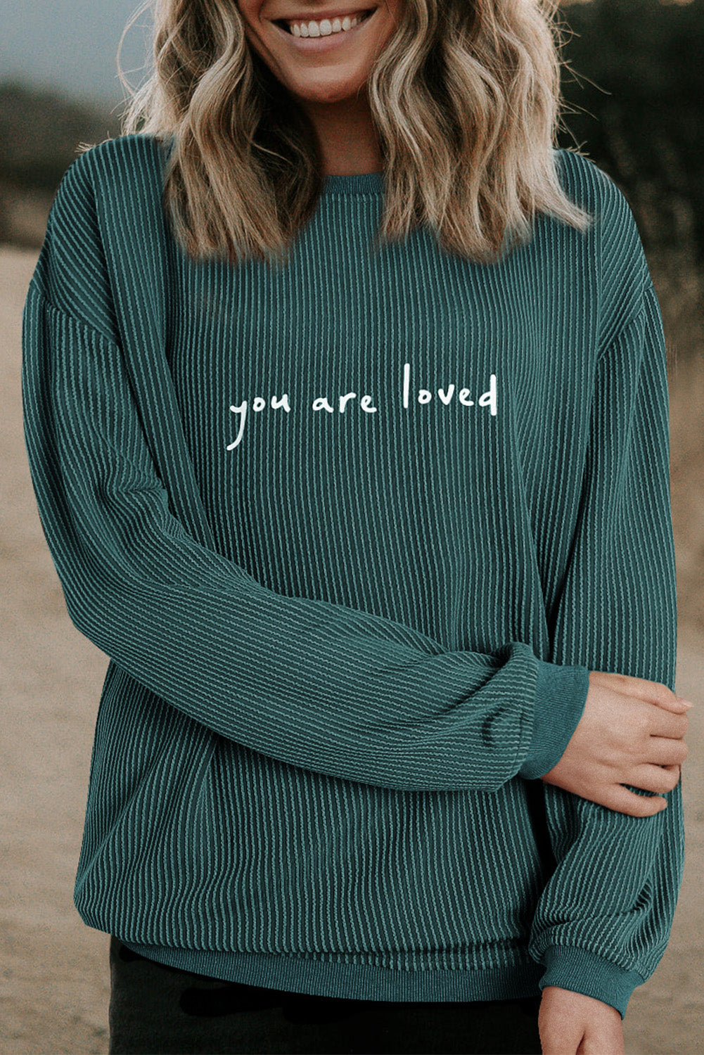 Khaki You Are Loved Print Corduroy Sweatshirt