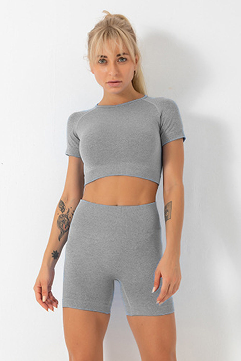 Rose Solid Crop Top and High Waist Shorts Yoga Set