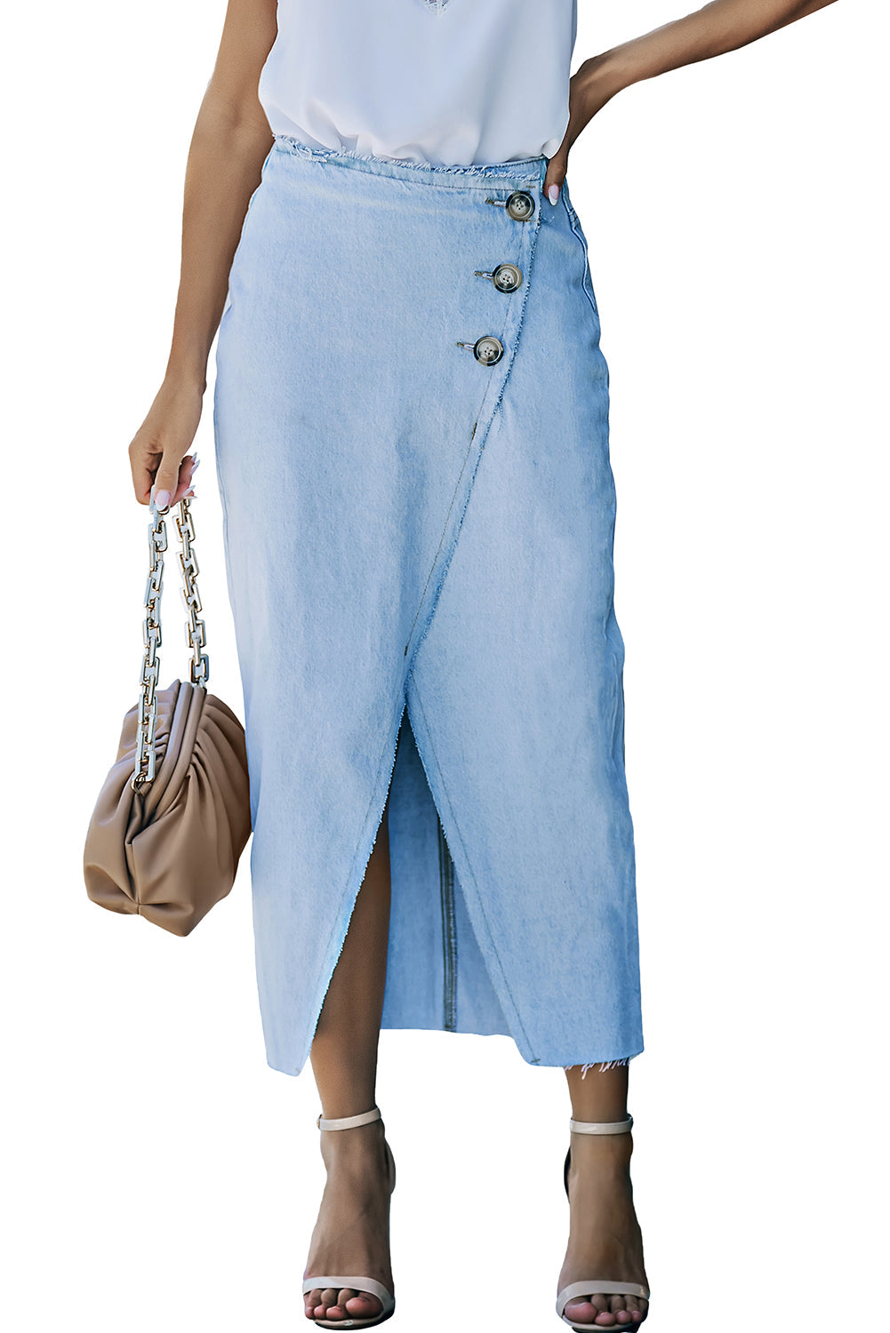 Sky Blue Buttoned Wrap Maxi Denim Skirt