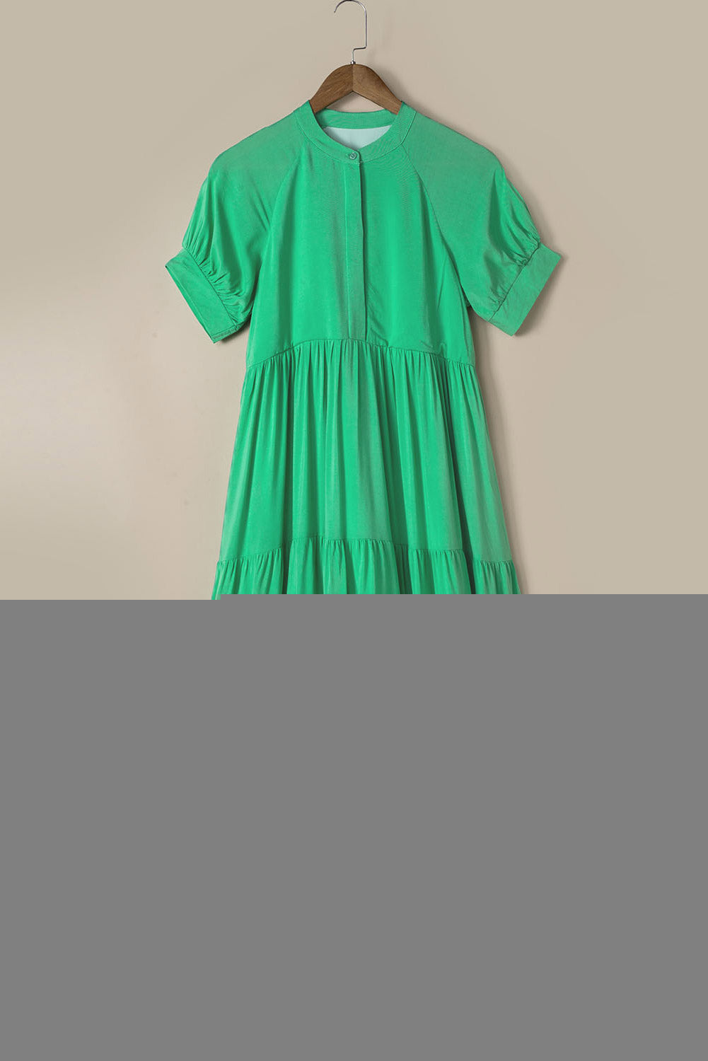 Green Notch V Neck Bubble Sleeve Tiered Maxi Dress