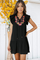 Black Floral Embroidered Ruffle Sleeve Shift Dress