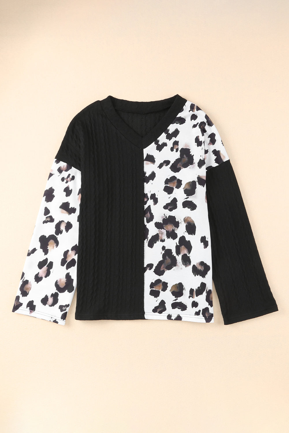 Khaki Asymmetric Leopard Patchwork Wide Sleeve V Neck Sweater