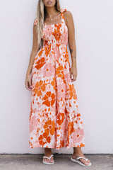 Orange Shirred Lace-up Strap Sleeveless Floral Maxi Dress