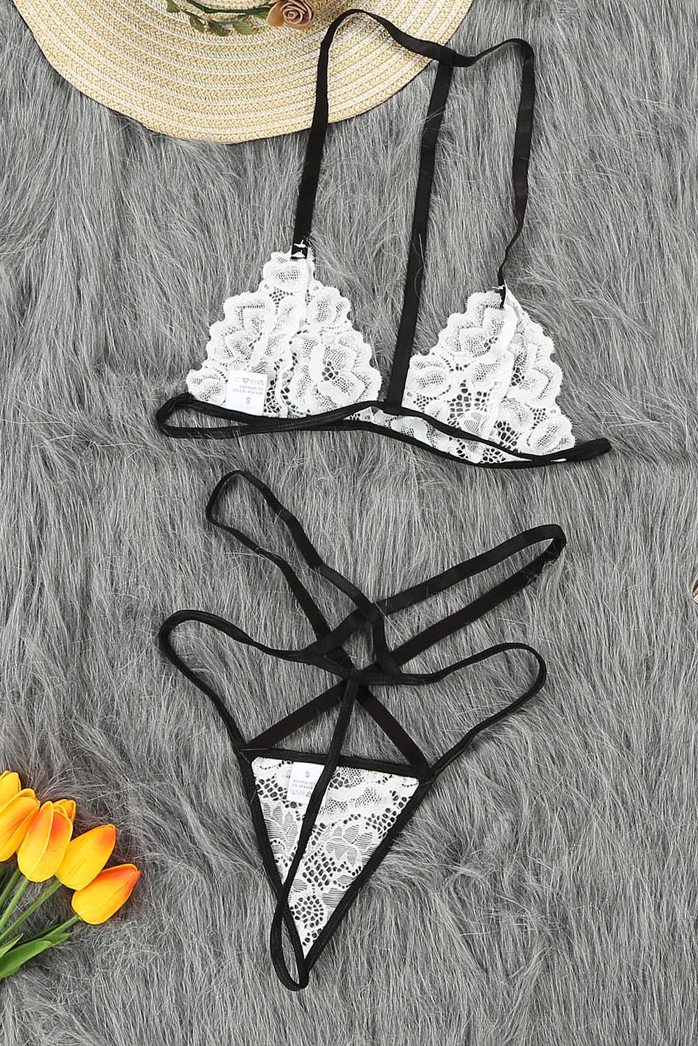 White Lace Halter Bralette and Strappy Thong Set