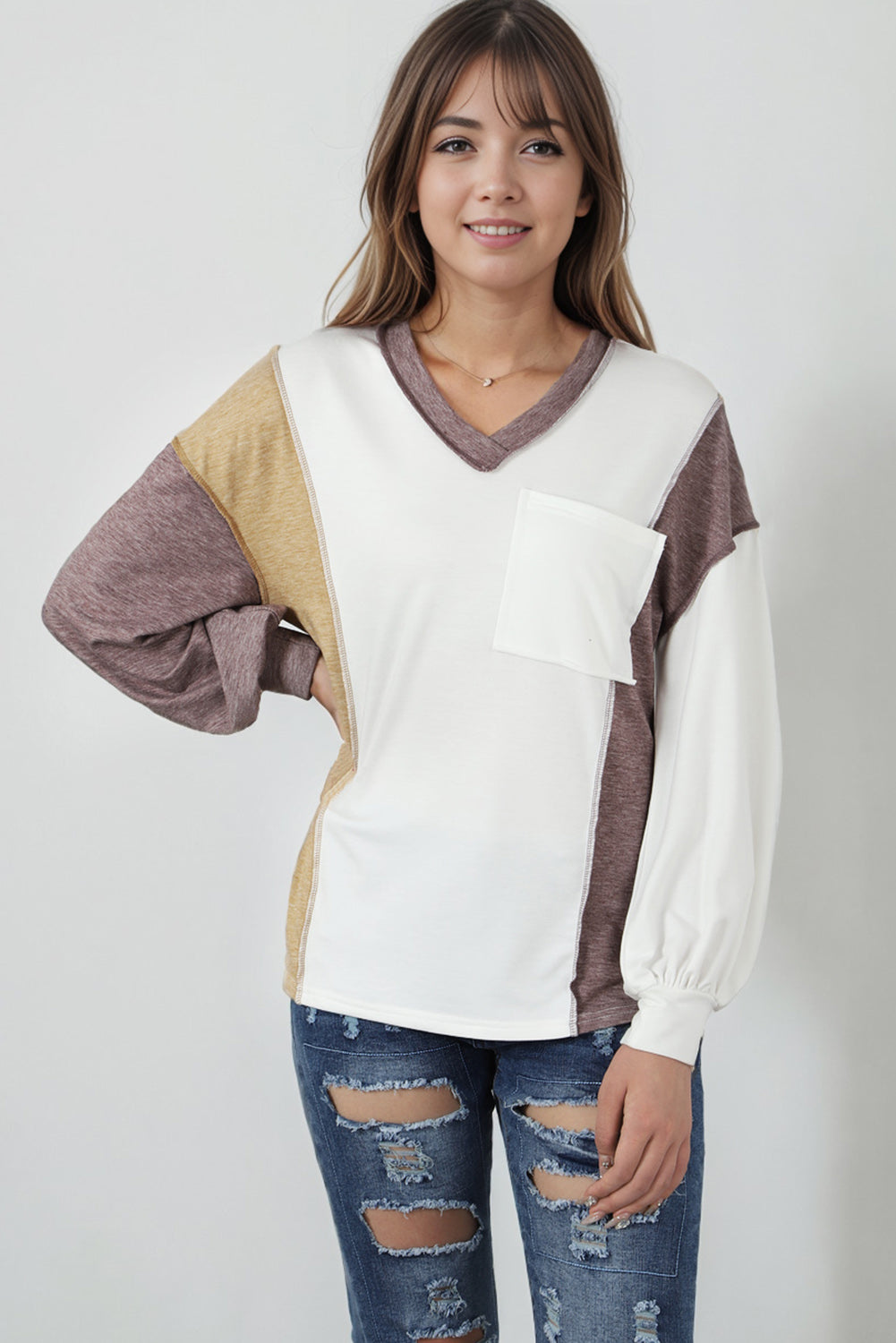 White Colorblock Patchwork Exposed Seam Knit Top