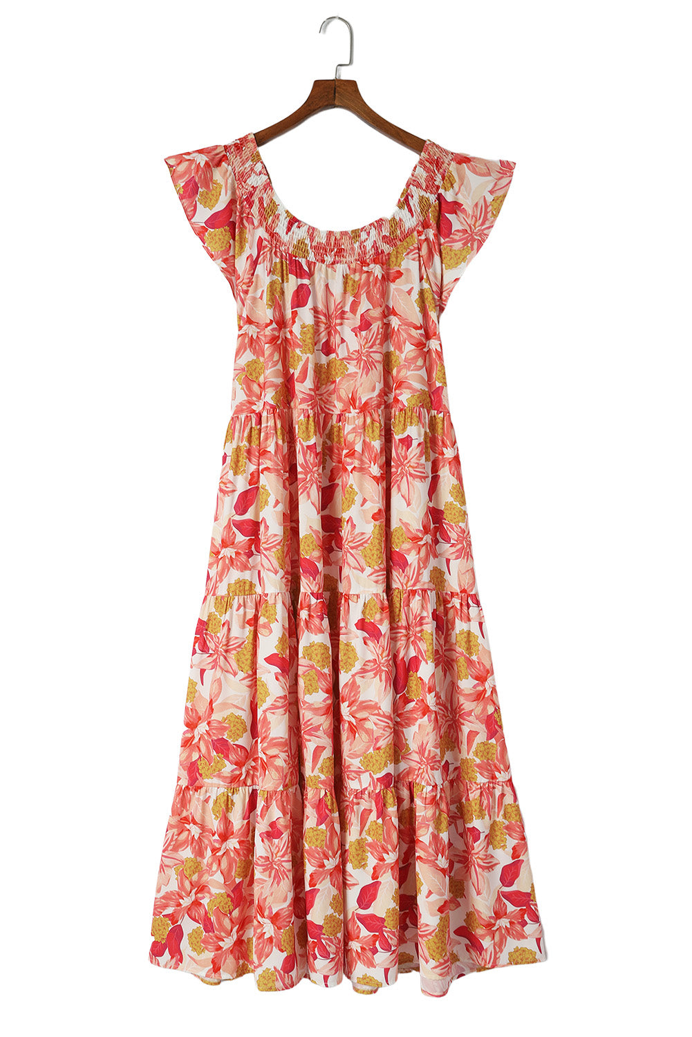 Orange Floral Print Shirred Ruffled Sleeveless Plus Size Dress