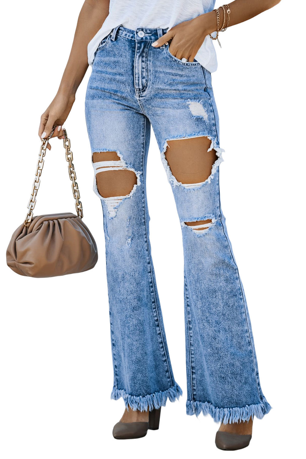 Sky Blue Distressed Damage Holes Raw Flare Leg Jeans