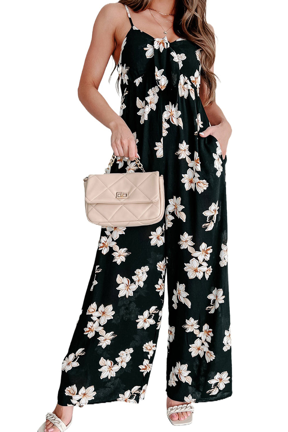 Black Tie Decor V Neck Floral Wide Leg Jumpsuit